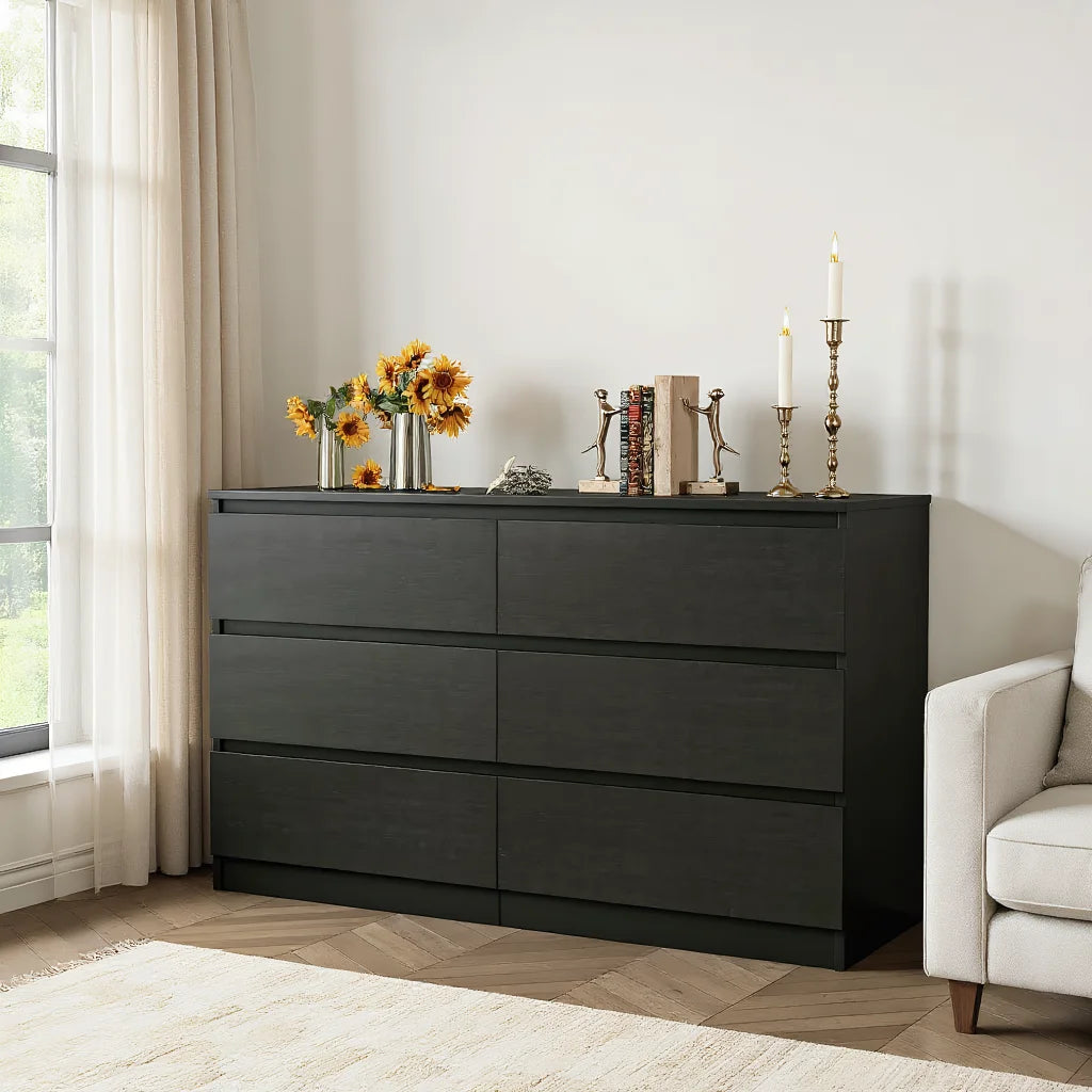 Kadyn Modern 6 Drawer Dresser Wood Cabinet, Dresser for Bedroom, Kitchen Storage Cabinet with Drawers, Chest of Drawers(Black)