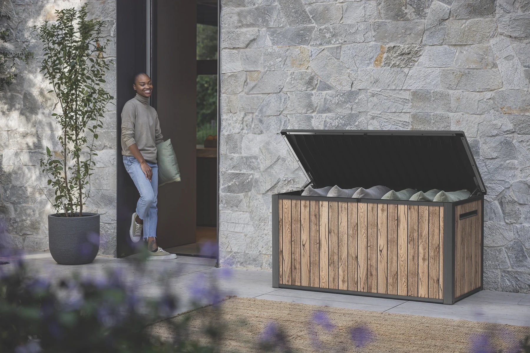 Keter Signature 170 Gallon Durable Resin Outdoor Deck Box Storage Organization, Pine