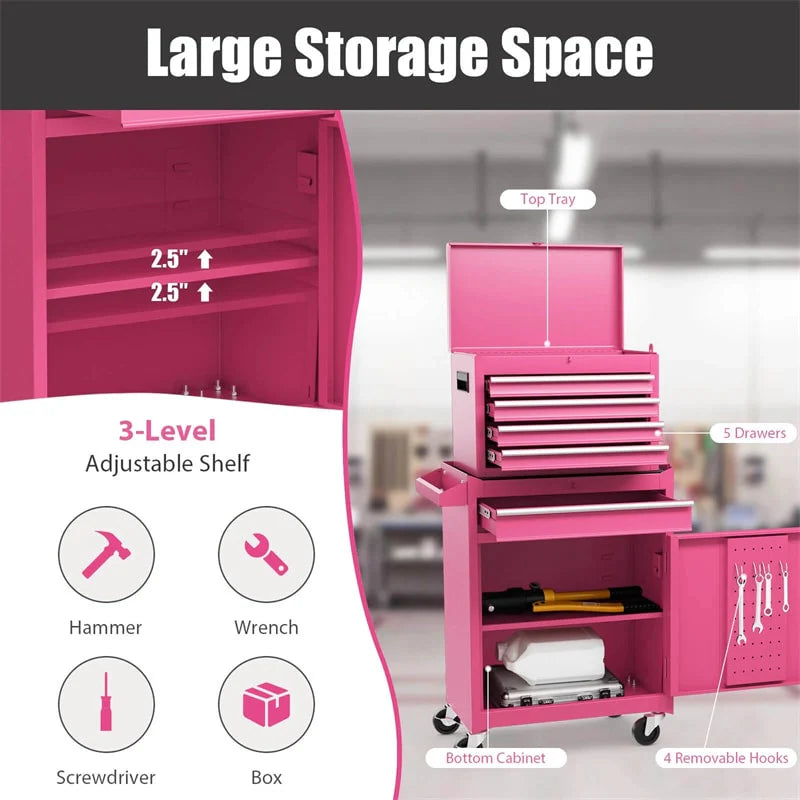 2 - in - 1 Rolling Tool Chest, 5-Drawer Tool Storage Cabinet with Wheels, Adjustable Shelf, Tool Box Organizer for Garage Warehouse Workshop