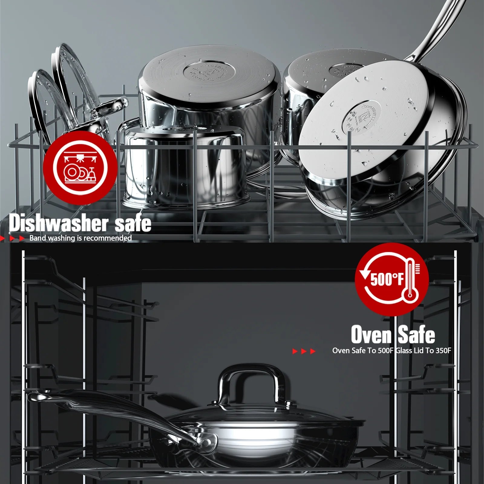 Cook N Home Pots and Pans Stainless Steel, 8-Piece Induction Pot Kitchen Cookware Set, Silver, Oven Safe