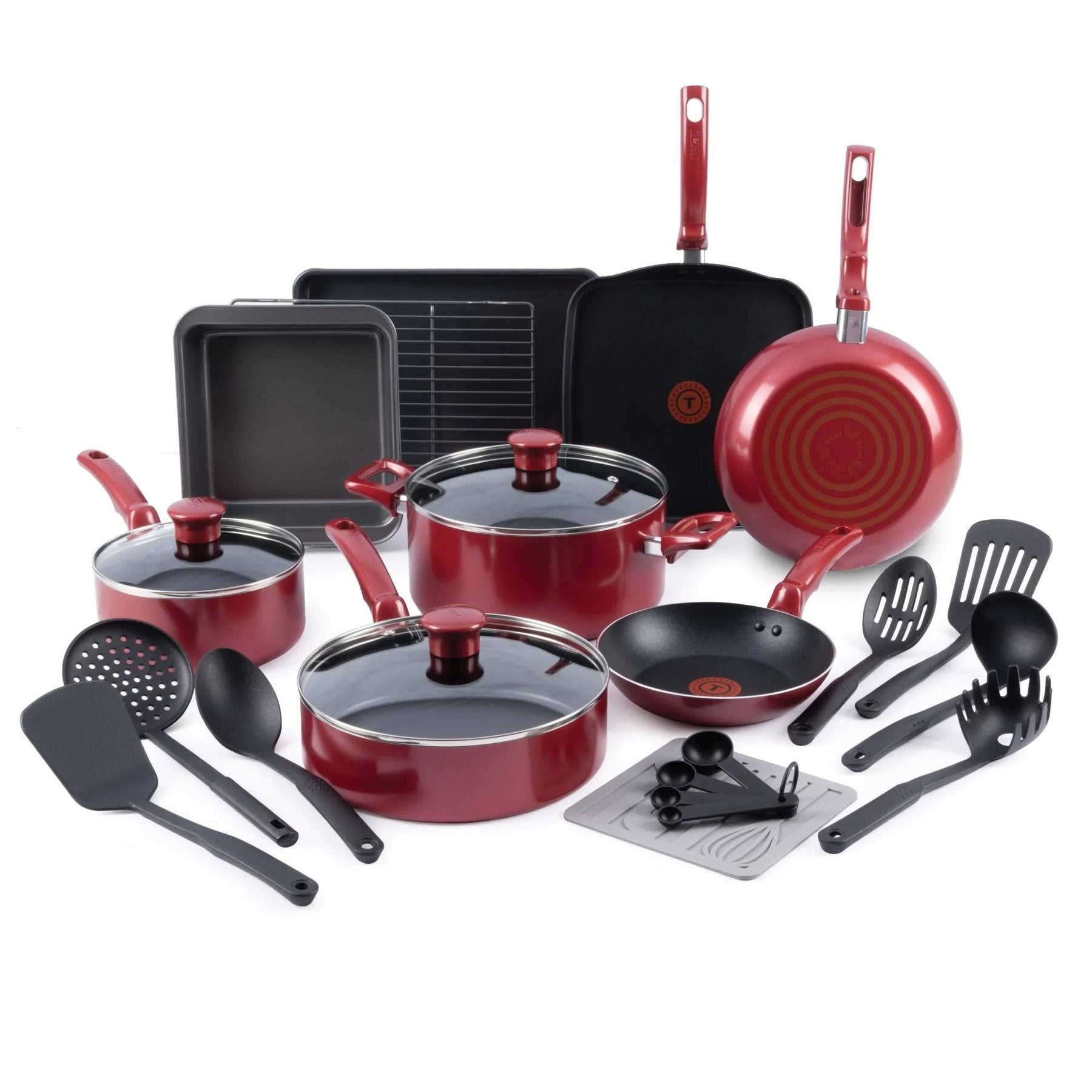T - Fal B496SLDI Kitchen Solutions 21pc Cookware Set, Red