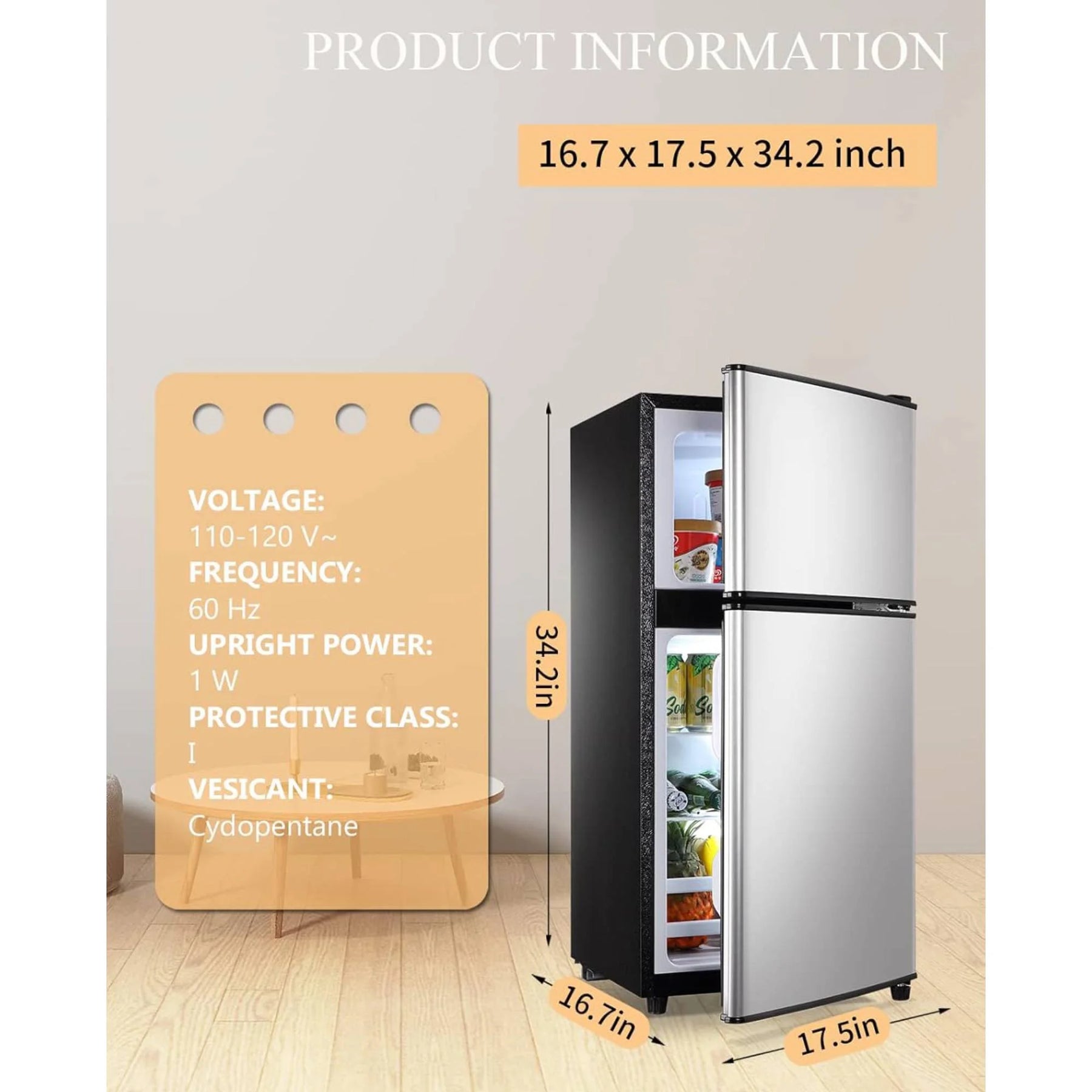 3.5 Cu.ft Mini Fridge Freezer, 2 Door Small Refrigerator, 7 Level Adjustable Thermostat Freezer Fridge for Living Room, Kitchen and Apartment, Sivelr