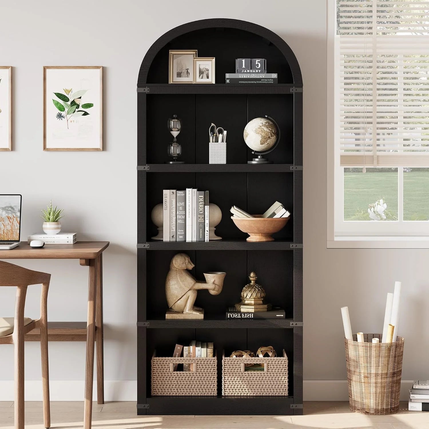 Bookcase 5 Shelf Arched Bookshelf 71.65in Tall Bookcase Farmhouse Display Storage Rack Wooden Bookshelves for Home Office, Living Room(White)
