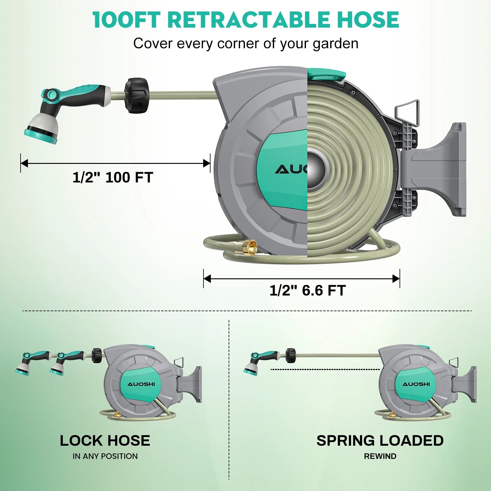 AUOSHI Retractable Garden Hose Reel 1/2" 100ft Automatic Hose Reel with 10 Function Sprayer Nozzle Wall Mount 180 Deg Swivel Bracket Hose Reel