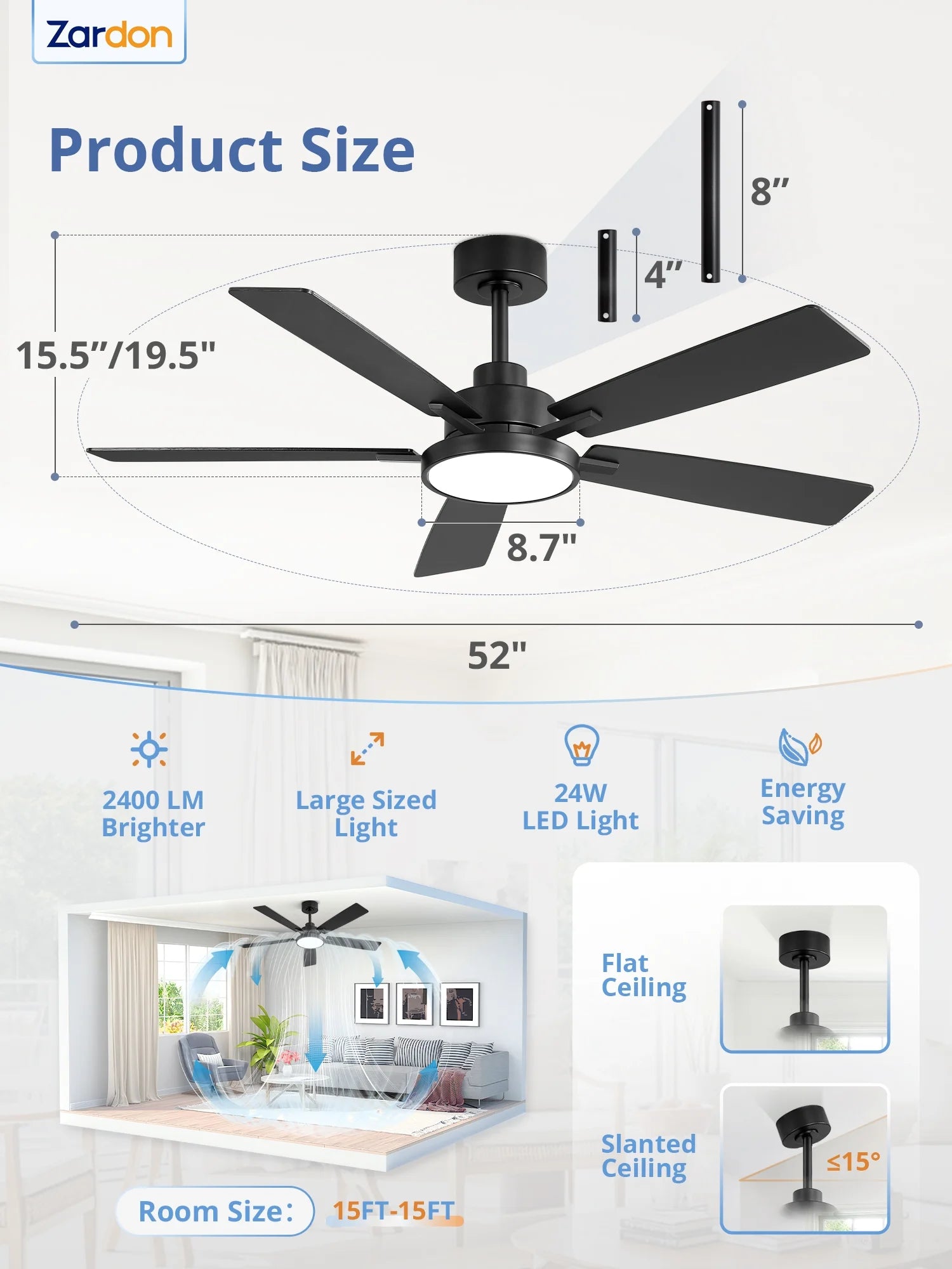 Zardon 52 in Black Ceiling Fan with LED Light and Remote, Downrod 6-Speed and Quiet Reversible DC Motor for Bedroom, Living Room, Indoor