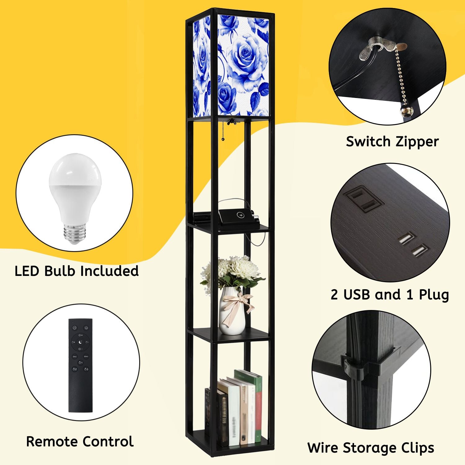Floor Lamp with Shelves, Modern Dimmable Standing Lamp Floral Corner Display Bookshelf Lamp with 2 USB & 1 Power Outlet for Living Room & Bedroom