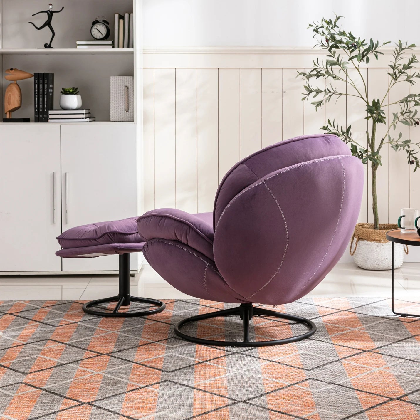 Velvet Swivel Accent Chair with Ottoman, Modern Chaise Lounge Chair with Metal Frame and Footstool, Comfy Armchair Reading Chair