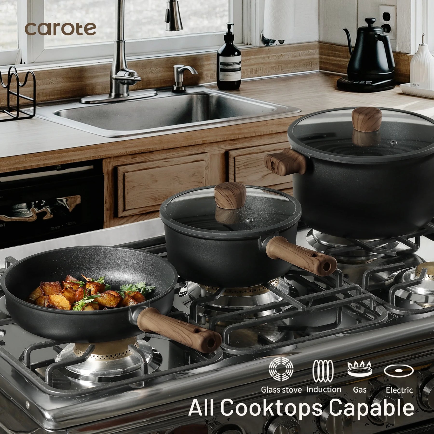 Carote 13-Pcs Nonstick Cookware Sets, Pots and Pans with Stay - Cool Handles, Induction Compatible Kitchen Set, (Black)