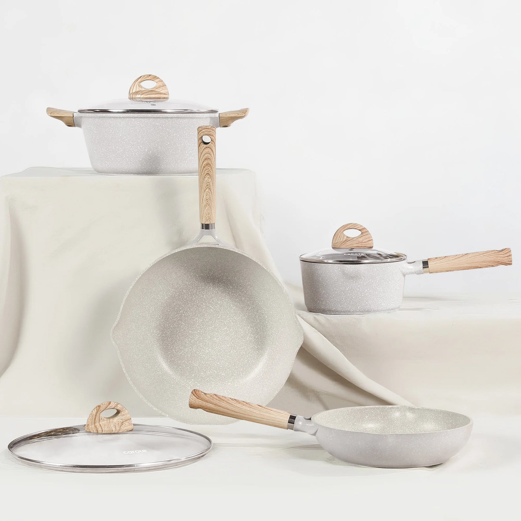 Carote Nonstick Cookware Set 21-Piece, Kitchen Pots and Pans Set, Stay - Cool Handles, Induction Compatible, Cookware Set for RV and Camping, Beige