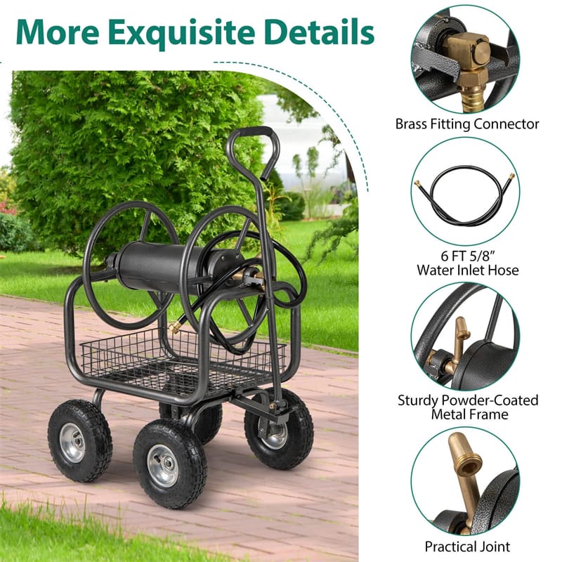 Portable Garden Hose Reel Cart Holds 300FT of 5/8" Large Capacity, Heavy - Duty Metal Hose Cart with 4 Wheels & Storage Basket for Lawn Yard