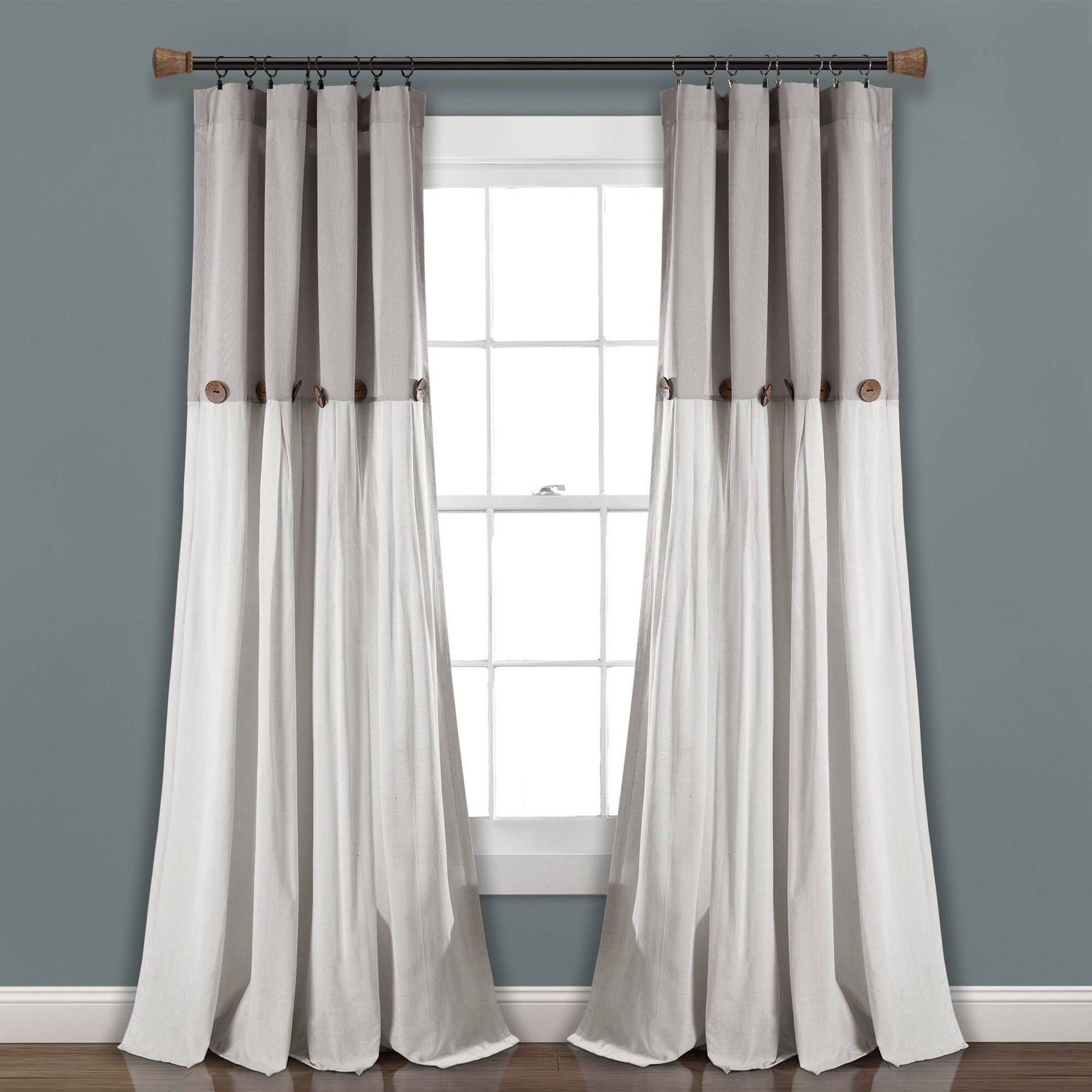 Lush Decor Linen Button Window Curtain Panel - 84", Single, Gray/White