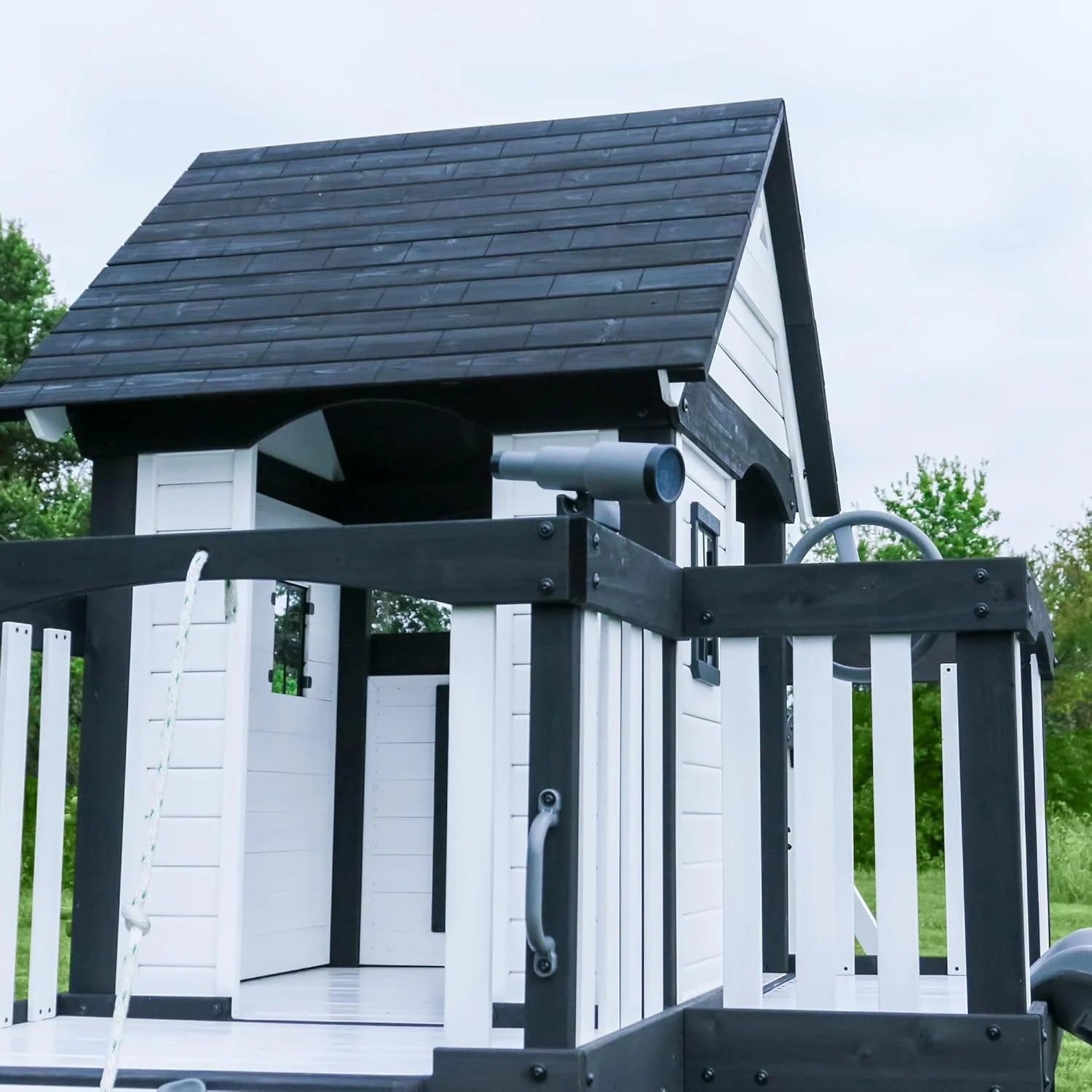 Backyard Discovery Canyon Creek Cedar Wood Swing Set with Wave Slide, Clubhouse, Play Kitchen, Picnic Area, Swings and Rock Wall