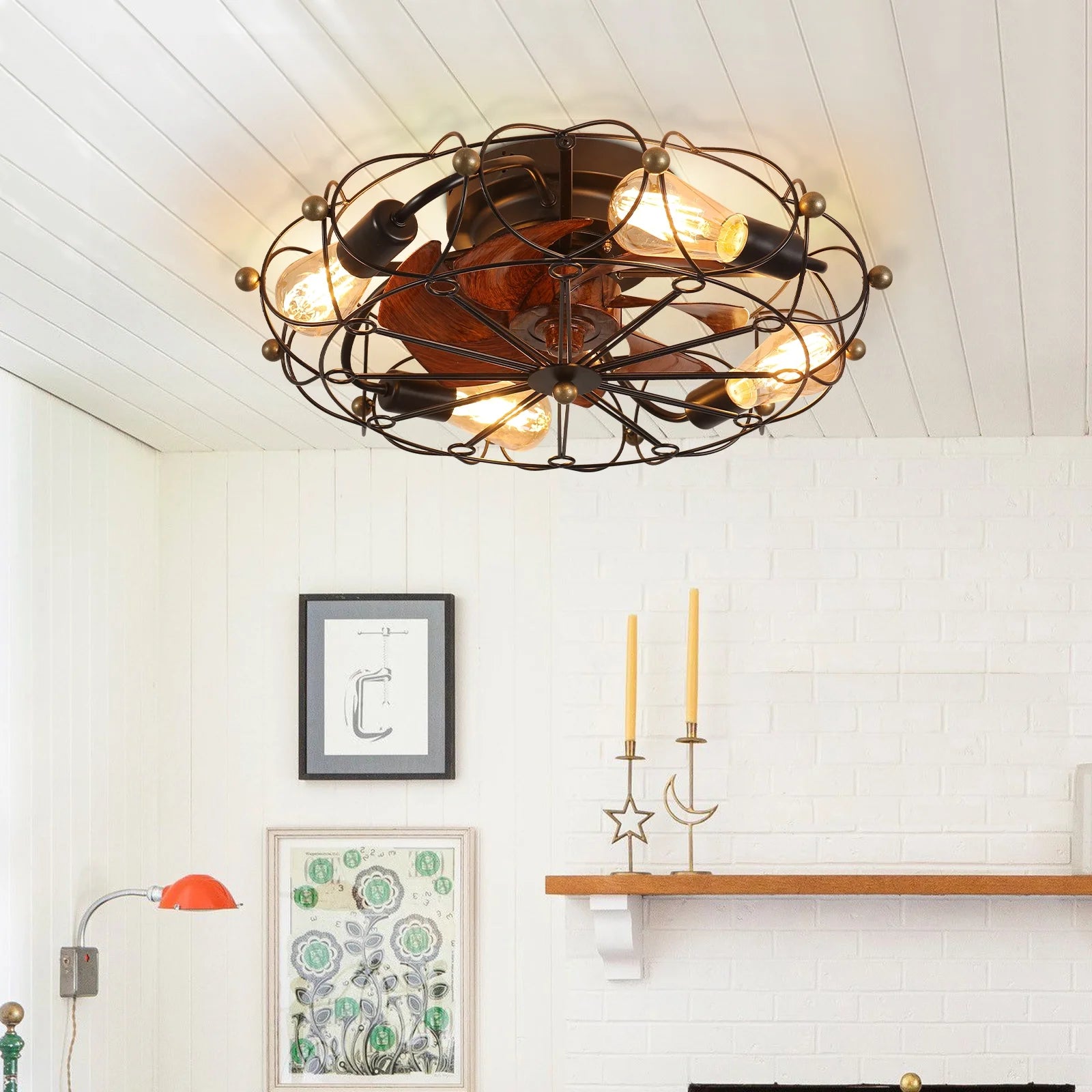 Industrial Cage Ceiling Fan - Low - Profile 7 - Blade Fan with Remote & Light - Modern Rustic Cooling for Small Spaces