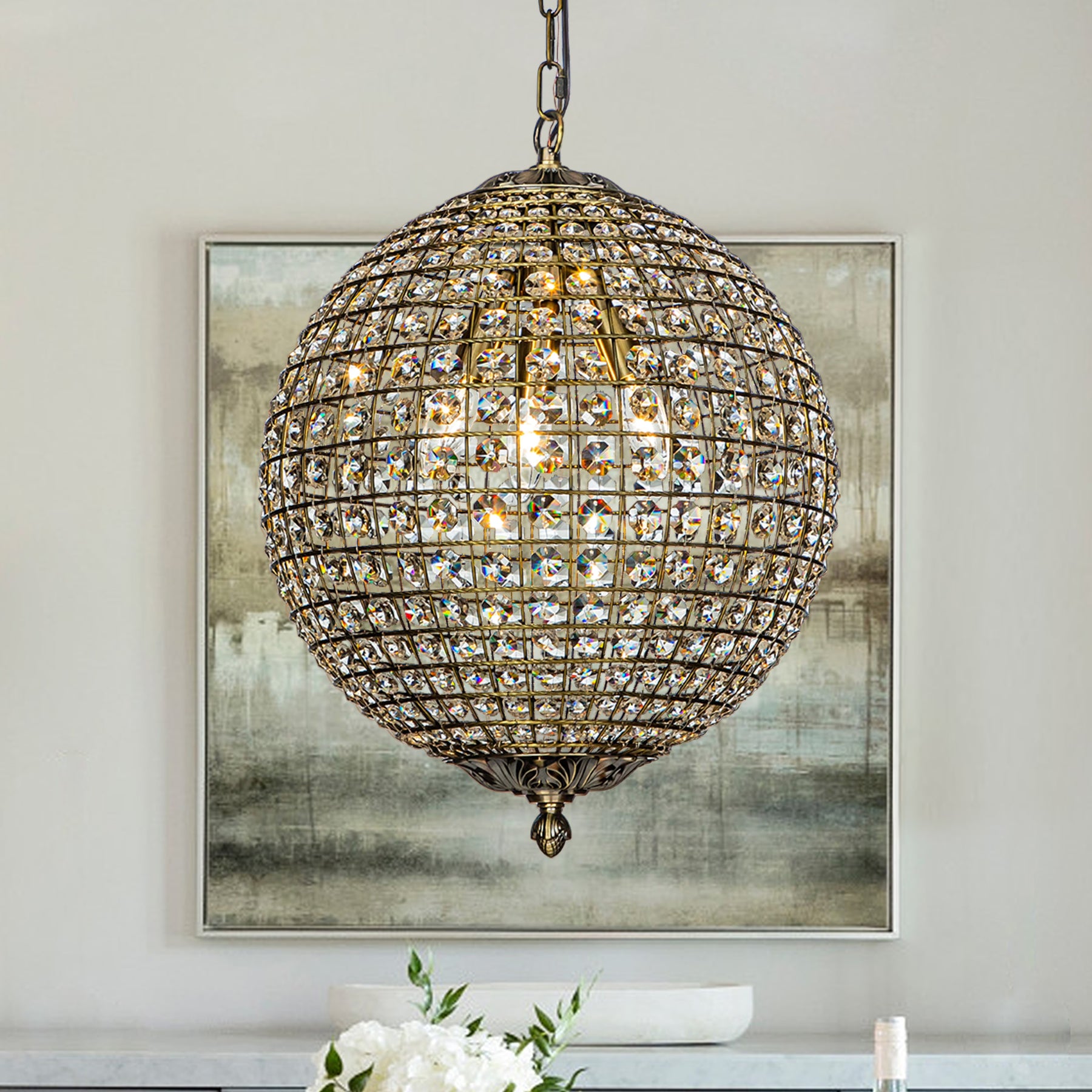1-Light 12" Retro Antique Gold Crystal Globe Chandelier Small Sphere Pendant Light
