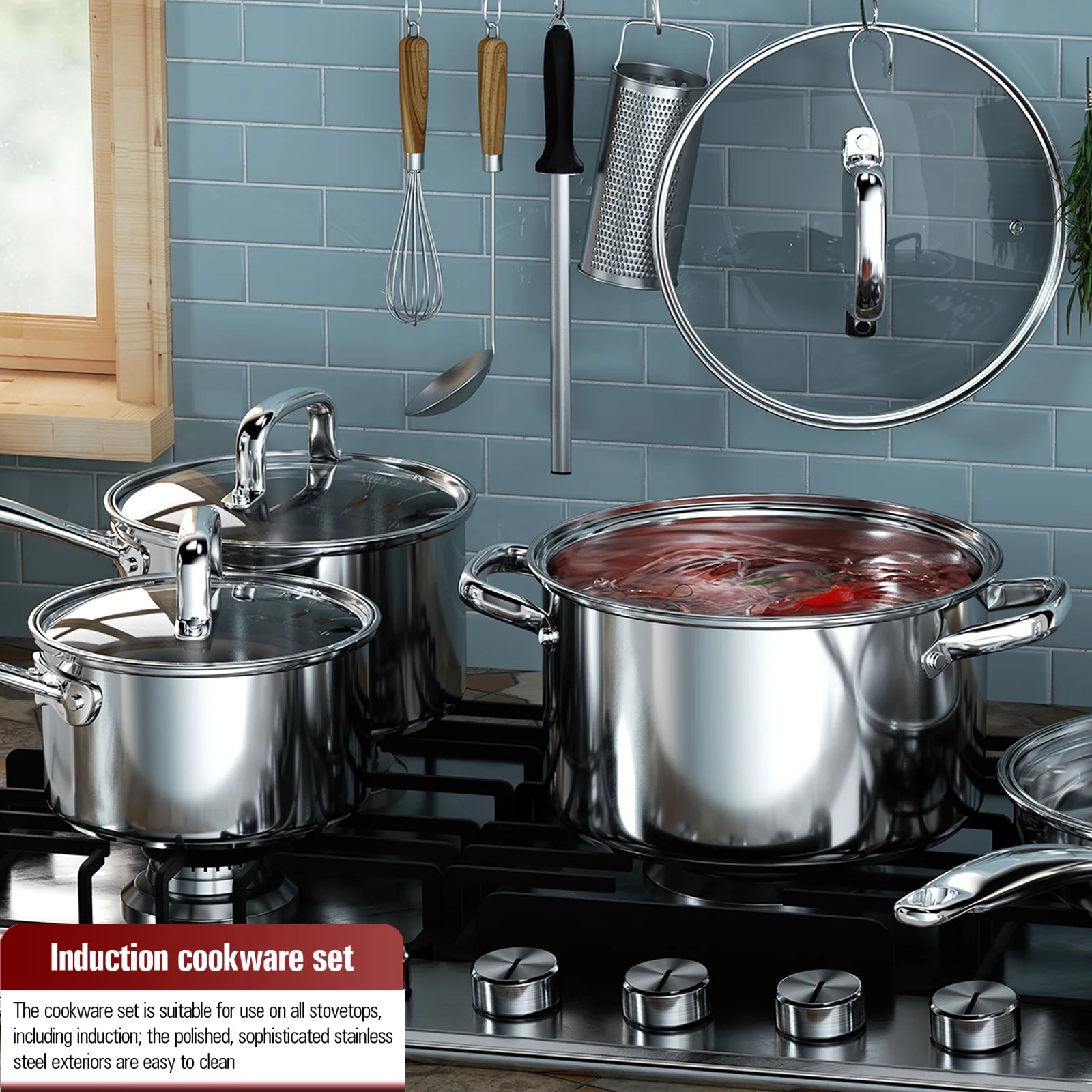 Cook N Home Pots and Pans Stainless Steel, 8-Piece Induction Pot Kitchen Cookware Set, Silver, Oven Safe