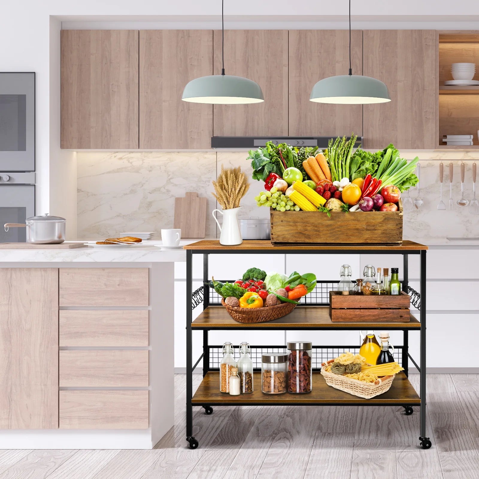 Behost 3-Tier Rolling Cart Microwave Stand with 10 Hooks, Coffee Bar Kitchen Storage Rack Organizer, Rustic Brown