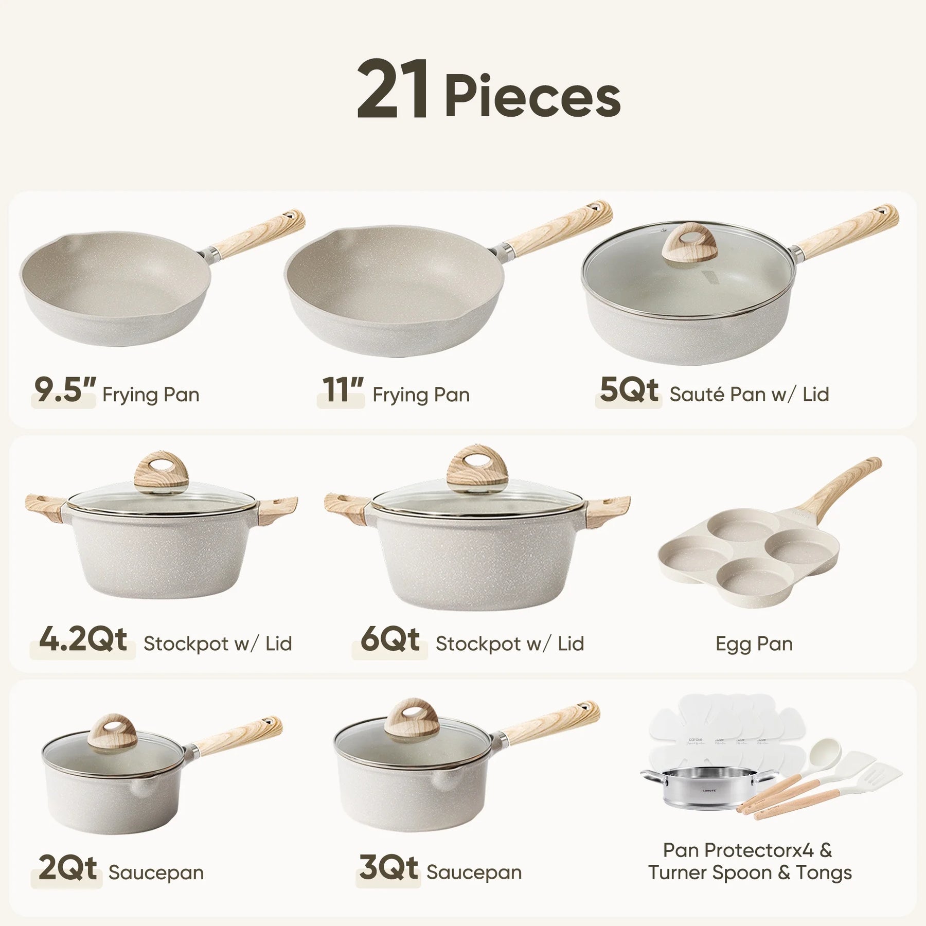 Carote Nonstick Cookware Set 21-Piece, Kitchen Pots and Pans Set, Stay - Cool Handles, Induction Compatible, Cookware Set for RV and Camping, Beige