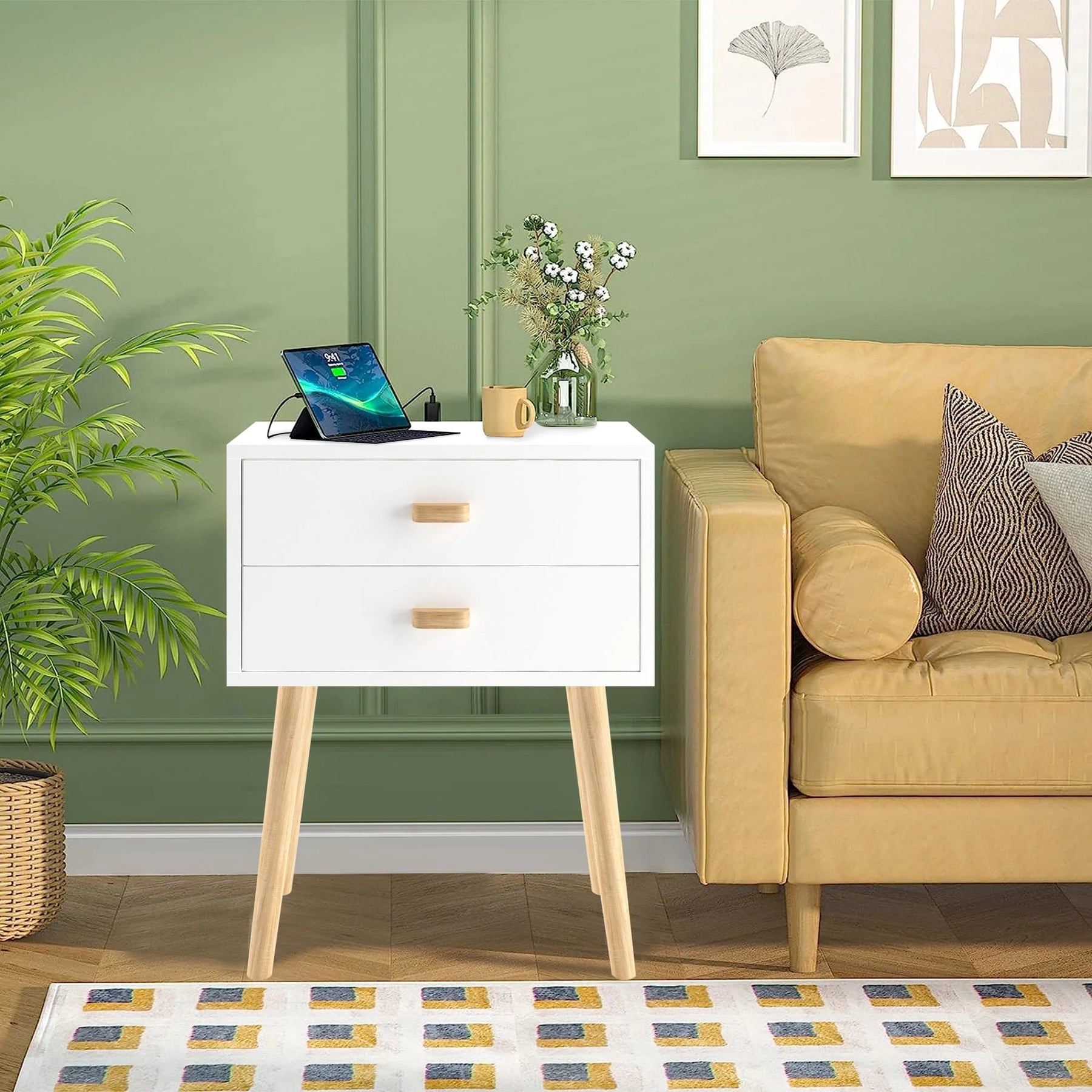 Syngar Nightstand Set of 2, Modern Bedside Tables with 2 Drawers, Storage Shelf and Wood Handles, White Bedroom Furniture