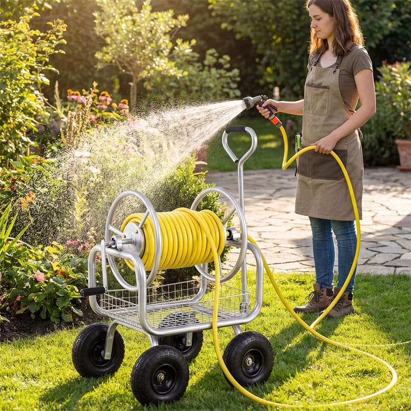 Portable Garden Hose Reel Cart Holds 300FT of 5/8" Large Capacity, Heavy - Duty Metal Hose Cart with 4 Wheels & Storage Basket for Lawn Yard