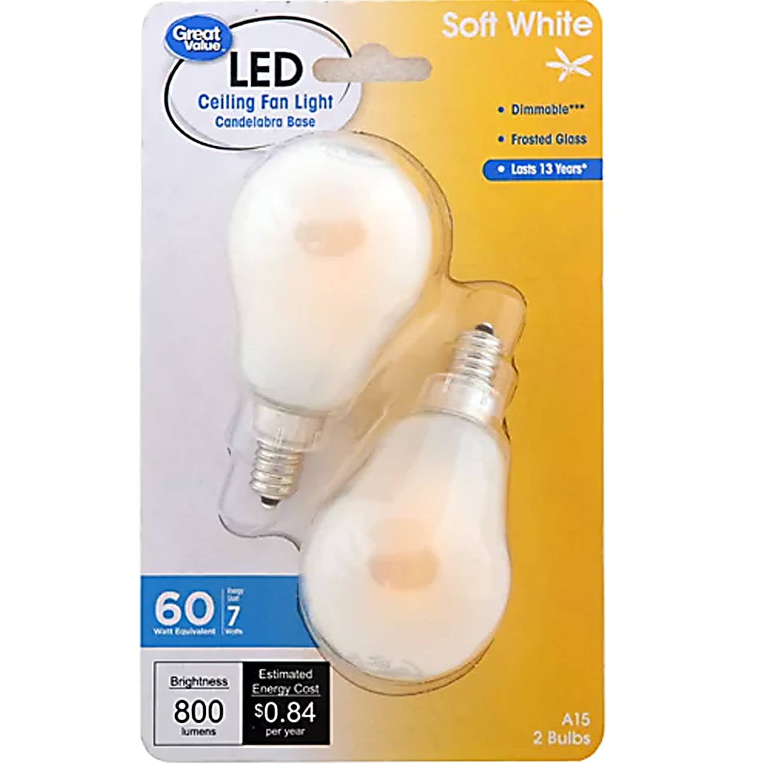 Great Value LED Ceiling Fan Bulb, 7 - Watt (60W Equivalent) A15 with E12 Base Soft White, 2 Pack