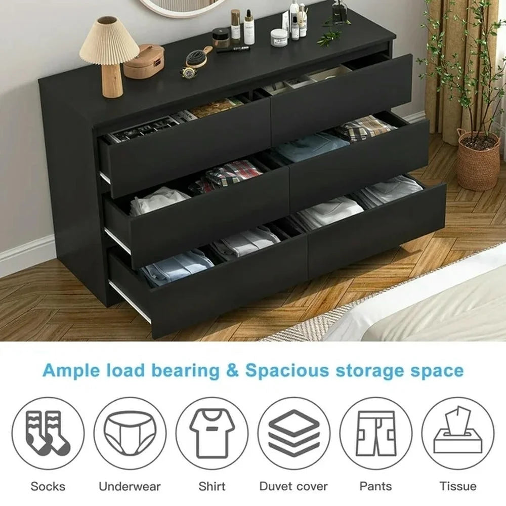 Kadyn Modern 6 Drawer Dresser Wood Cabinet, Dresser for Bedroom, Kitchen Storage Cabinet with Drawers, Chest of Drawers(Black)