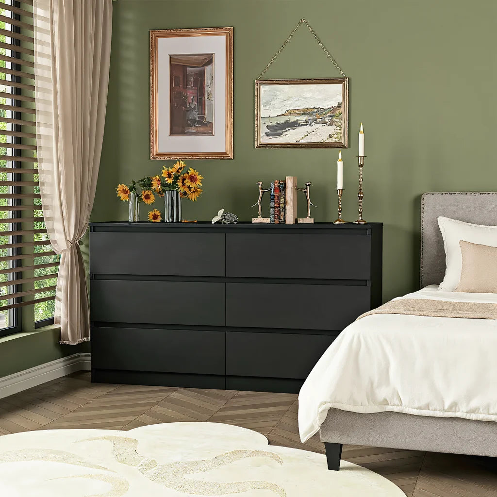 Kadyn Modern 6 Drawer Dresser Wood Cabinet, Dresser for Bedroom, Kitchen Storage Cabinet with Drawers, Chest of Drawers(Black)