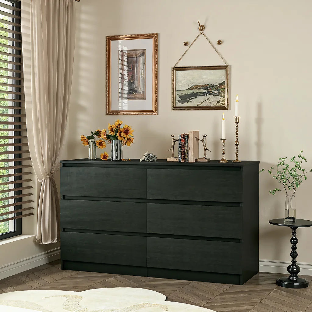 Kadyn Modern 6 Drawer Dresser Wood Cabinet, Dresser for Bedroom, Kitchen Storage Cabinet with Drawers, Chest of Drawers(Black)