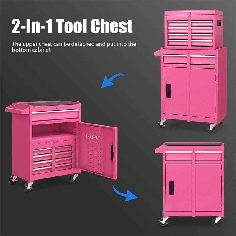2 - in - 1 Rolling Tool Chest, 5-Drawer Tool Storage Cabinet with Wheels, Adjustable Shelf, Tool Box Organizer for Garage Warehouse Workshop