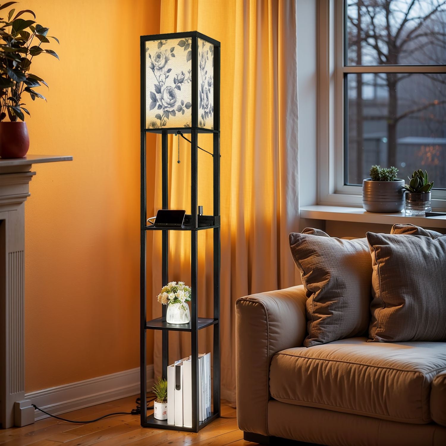 Floor Lamp with Shelves, Modern Dimmable Standing Lamp Floral Corner Display Bookshelf Lamp with 2 USB & 1 Power Outlet for Living Room & Bedroom