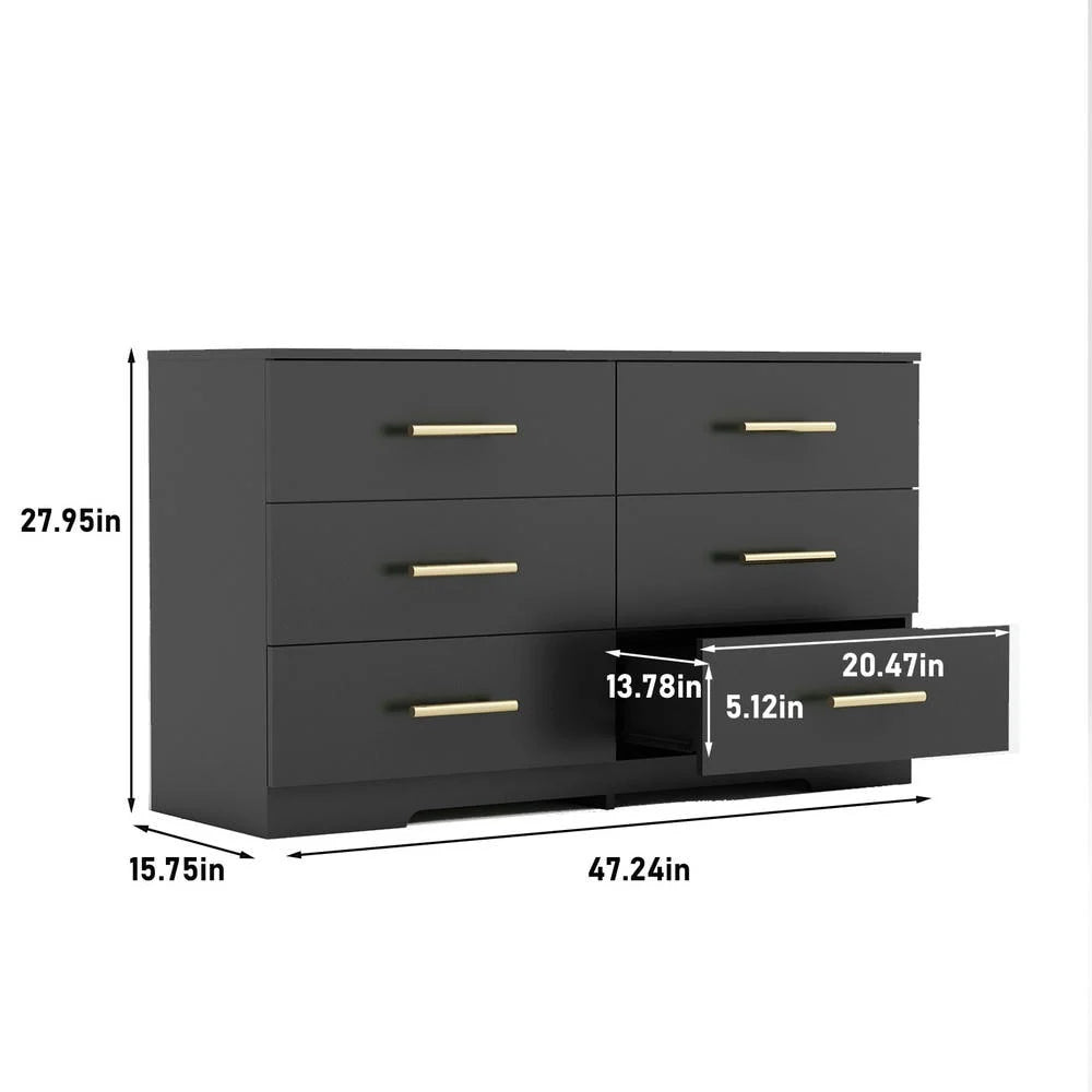 Kadyn Modern 6 Drawer Dresser Wood Cabinet, Dresser for Bedroom, Kitchen Storage Cabinet with Drawers, Chest of Drawers(Black)
