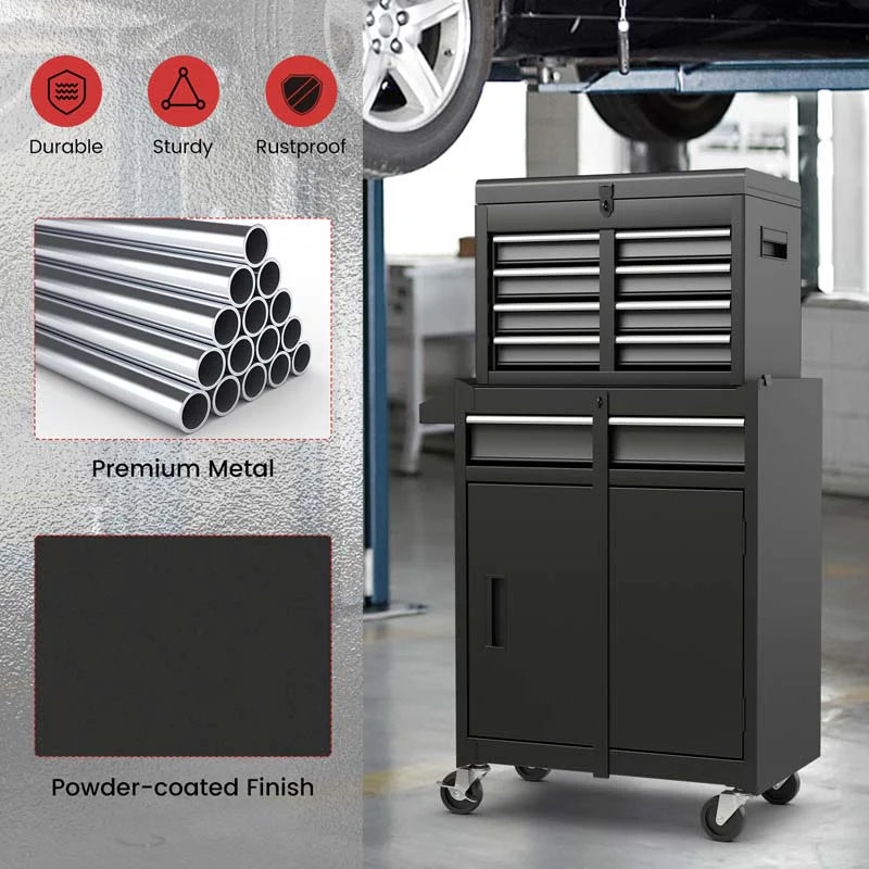 2 - in - 1 Rolling Tool Chest, 5-Drawer Tool Storage Cabinet with Wheels, Adjustable Shelf, Tool Box Organizer for Garage Warehouse Workshop