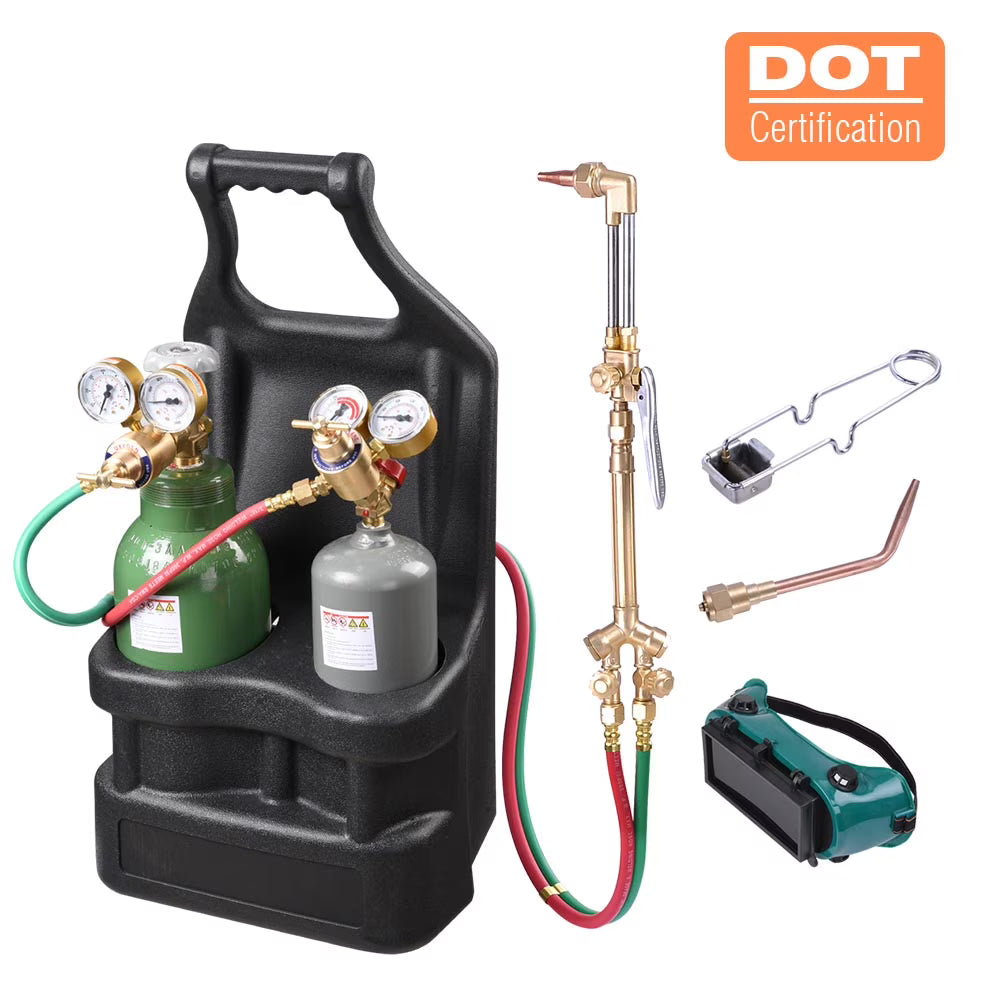 Yescom DOT Oxy Acetylene Torch Kit Gas Tank Brazing Welding Cutting Black Holder Gauge Portable Brass Nozzle Long Pipe Goggles Heavy Duty Oxygen