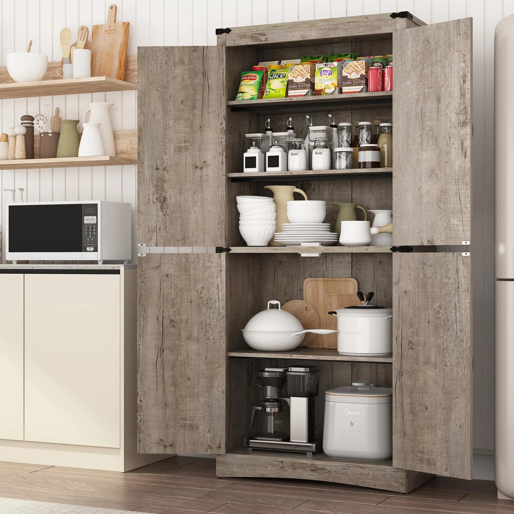 71" Tall Farmhouse Kitchen Pantry Cabinet, 5 Layers Storage Cabinet with Adjustable Shelves, Farmhouse Pantry Cabinet with 4 Barn Doors
