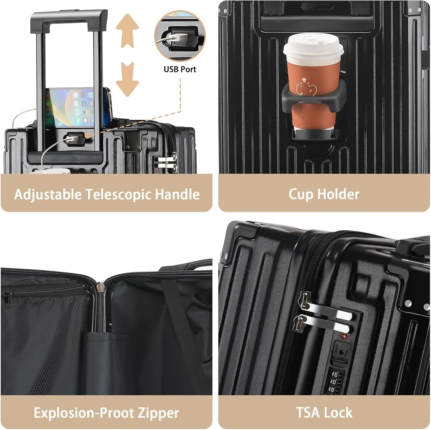 20 in Carry on Luggage with Cup Holder & USB Port, Airline Approved TSA - Locked Luggage, Lightweight PC Material Travel Suitcase