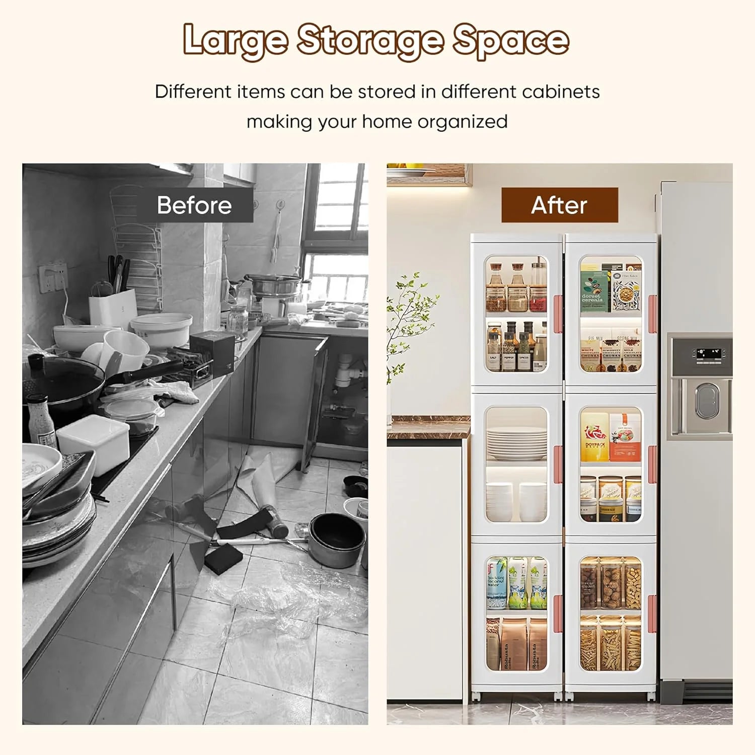 Slim Kitchen Pantry Storage Cabinet with Doors and Shelves, 3 - Tiers Plastic Narrow Storage Organizer Collapsible