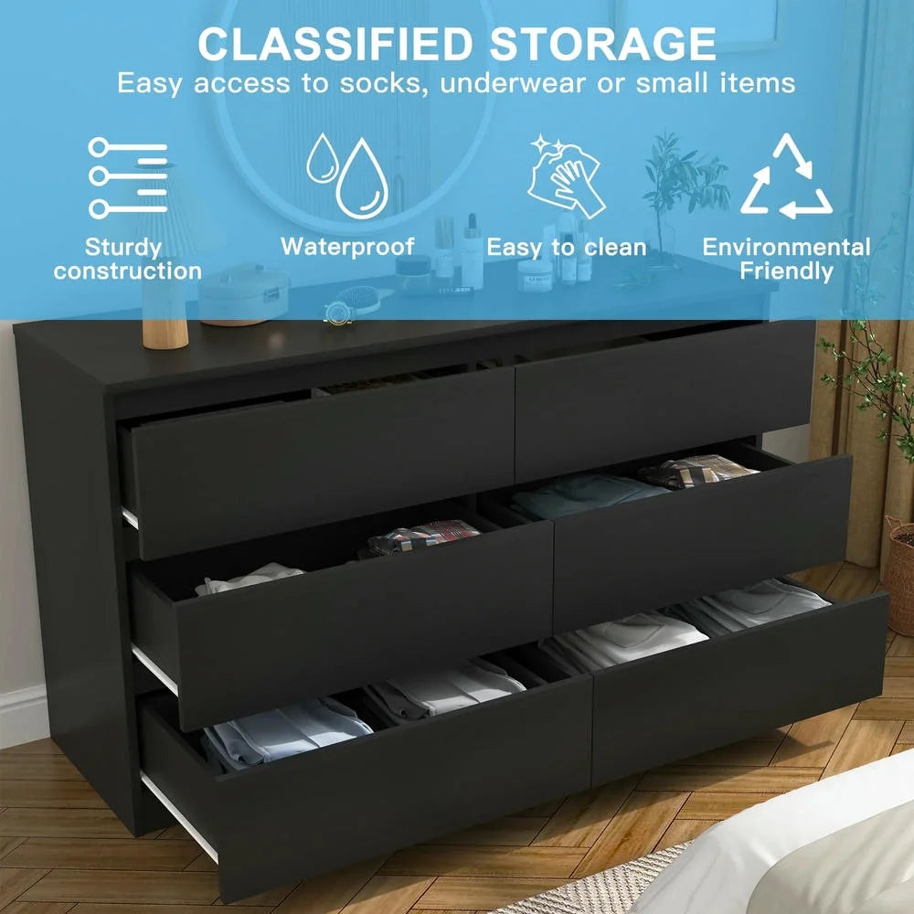 Kadyn Modern 6 Drawer Dresser Wood Cabinet, Dresser for Bedroom, Kitchen Storage Cabinet with Drawers, Chest of Drawers(Black)