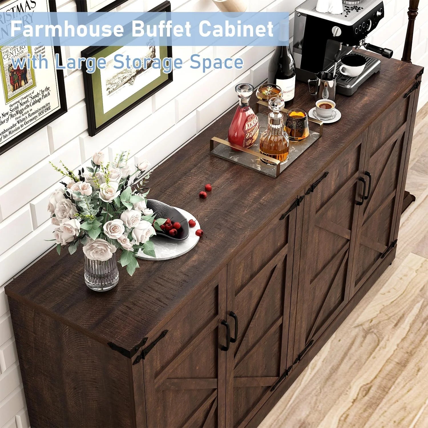71" Tall Farmhouse Kitchen Pantry Cabinet, 5 Layers Storage Cabinet with Adjustable Shelves, Farmhouse Pantry Cabinet with 4 Barn Doors