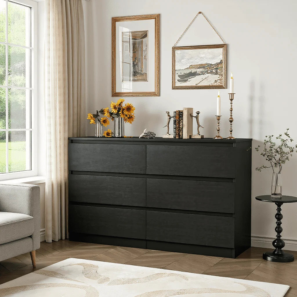 Kadyn Modern 6 Drawer Dresser Wood Cabinet, Dresser for Bedroom, Kitchen Storage Cabinet with Drawers, Chest of Drawers(Black)