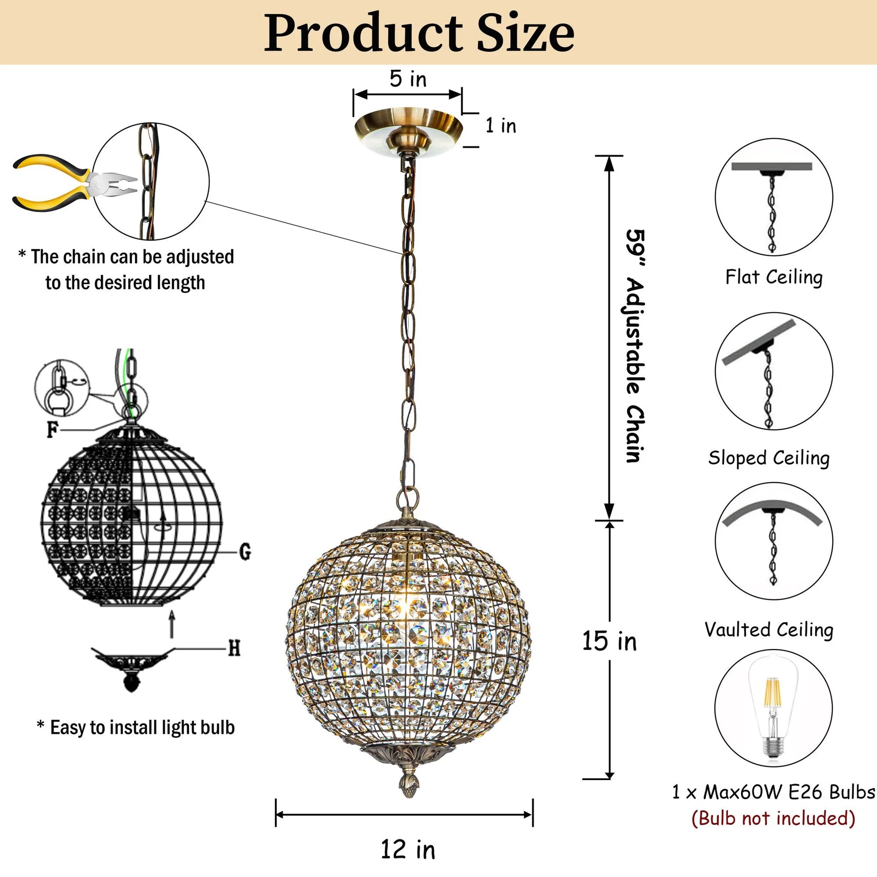 1-Light 12" Retro Antique Gold Crystal Globe Chandelier Small Sphere Pendant Light