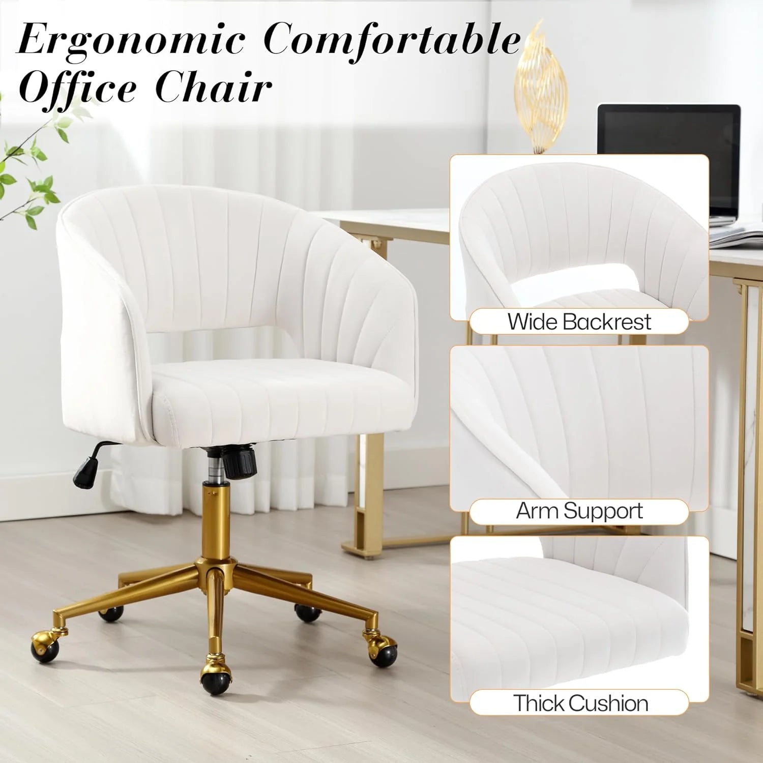 Home Office Swivel Desk Chair, Modern Velvet Vanity Chair, Height Adjustable Armchair with Gold Base, Ergonomic Office Chair for Task Study Computer Room, Beige