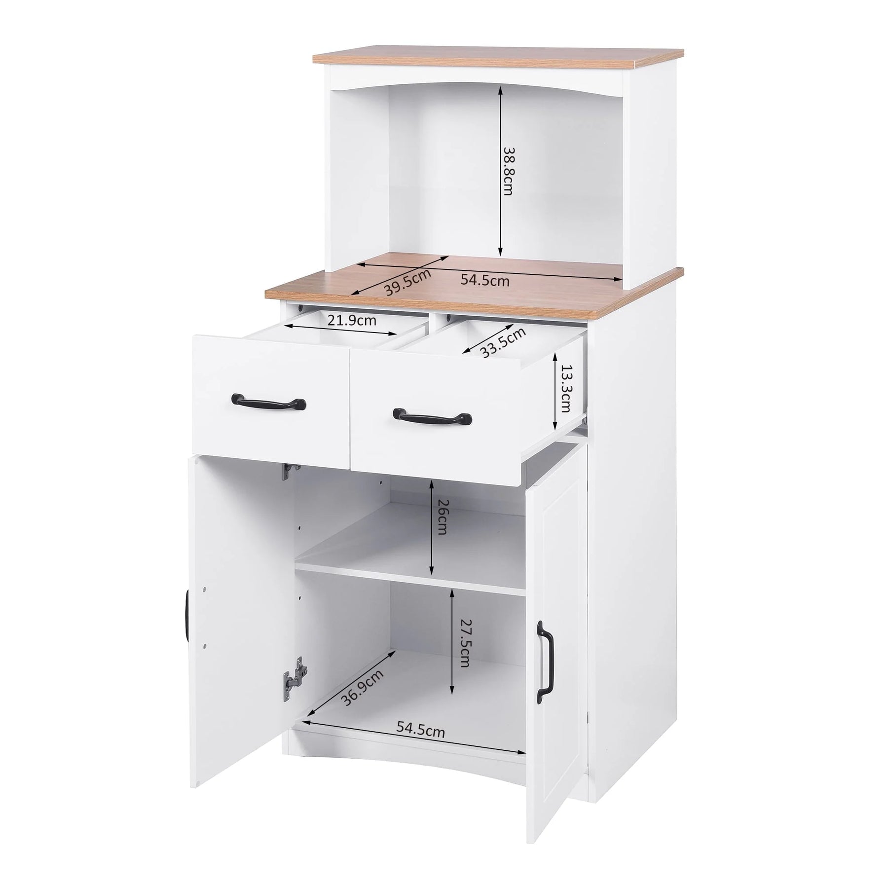 Kitchen Storage Cabinet Pantry Cabinet, White Storage Cupboard Pantry with 2 Doors, 2 Drawers & Microwave Shelf, Freestanding Kitchen Storage Buffet