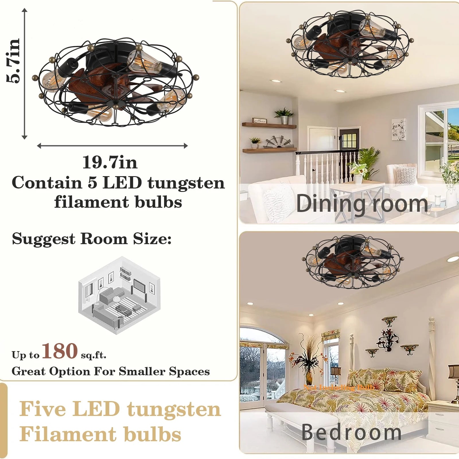 Industrial Cage Ceiling Fan - Low - Profile 7 - Blade Fan with Remote & Light - Modern Rustic Cooling for Small Spaces