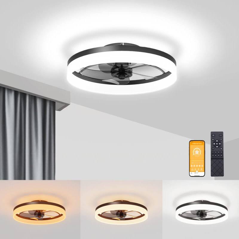VOLISUN Low Profile Ceiling Fans with Lights and Remote, 19.7in Fandelier Ceiling Fan Flush Mount, 3000K - 6500K Smart Bladeless LED Fan Light, White
