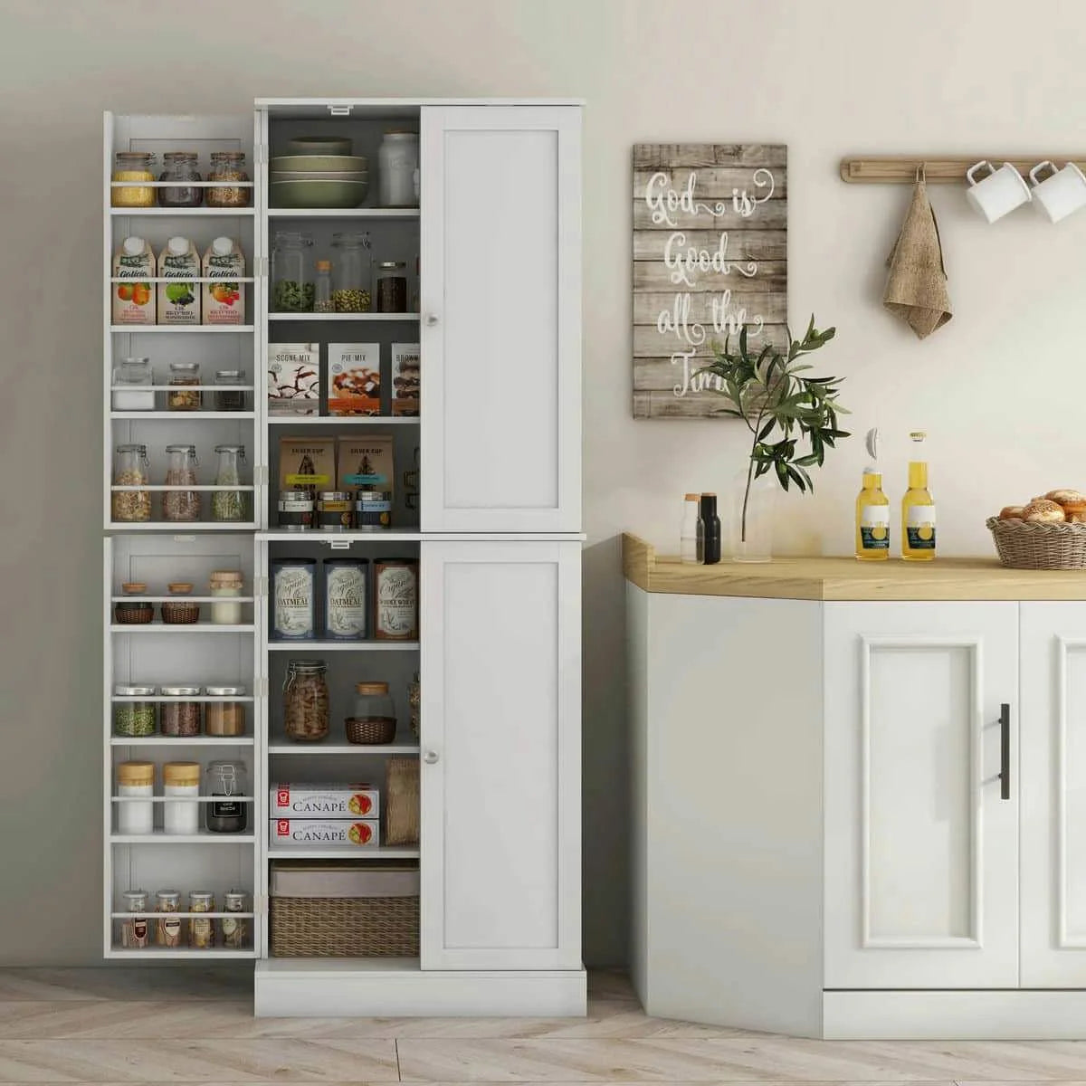 Spaco 17-Tier Kitchen Small Pantry Cabinet with 2 Doors and 6 Adjustable Shelves, Cabinet Pantry, Freestanding 5-Tier Shelving Pantries