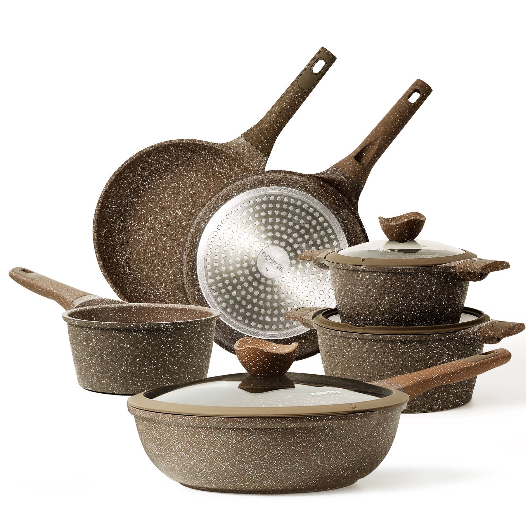 Carote Nonstick Granite Cookware Sets, 10 Pcs Brown Granite Pots and Pans Set, Induction Stone Kitchen Cooking Set, Size: 10PCS - Brown