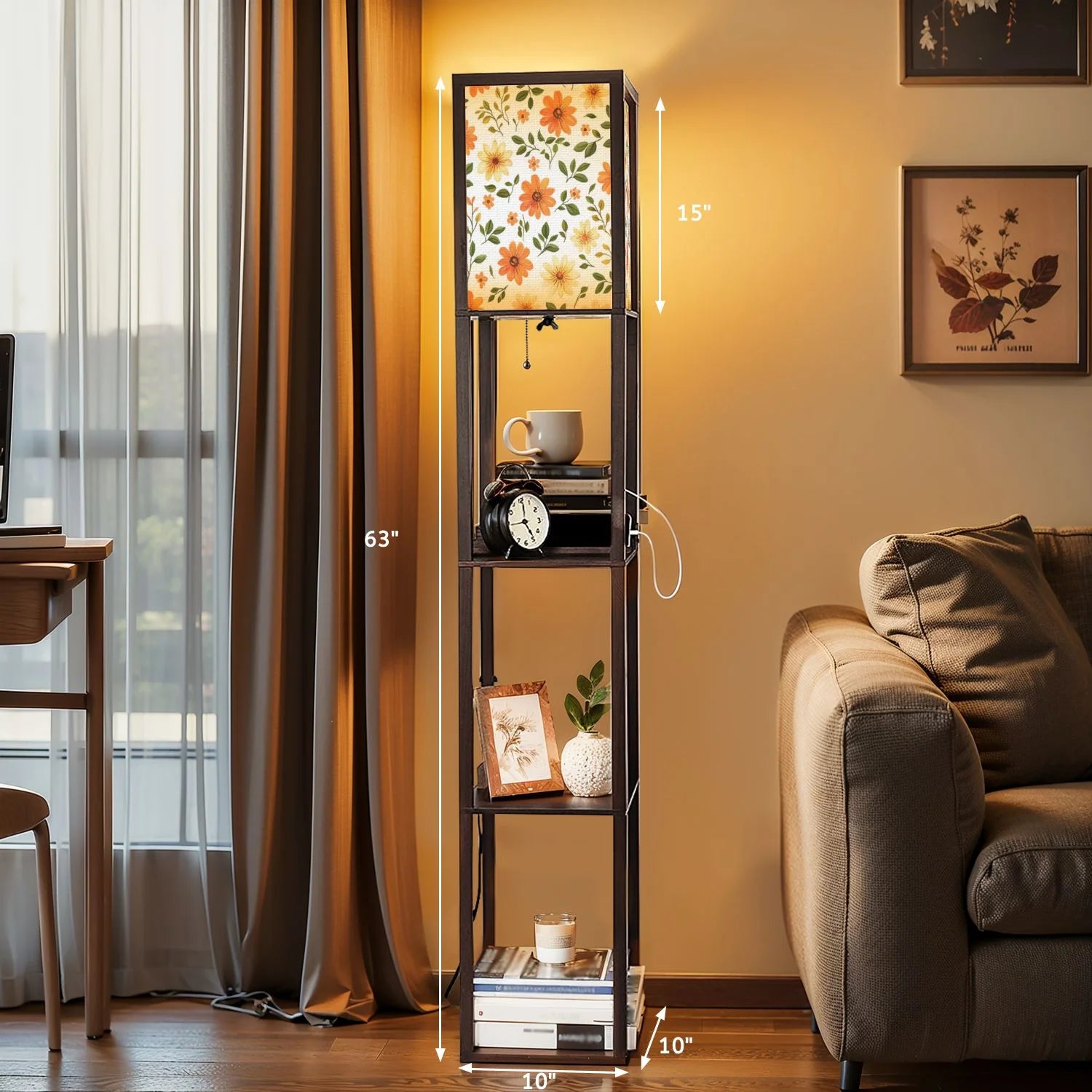 Floor Lamp with Shelves, Modern Dimmable Standing Lamp Floral Corner Display Bookshelf Lamp with 2 USB & 1 Power Outlet for Living Room & Bedroom