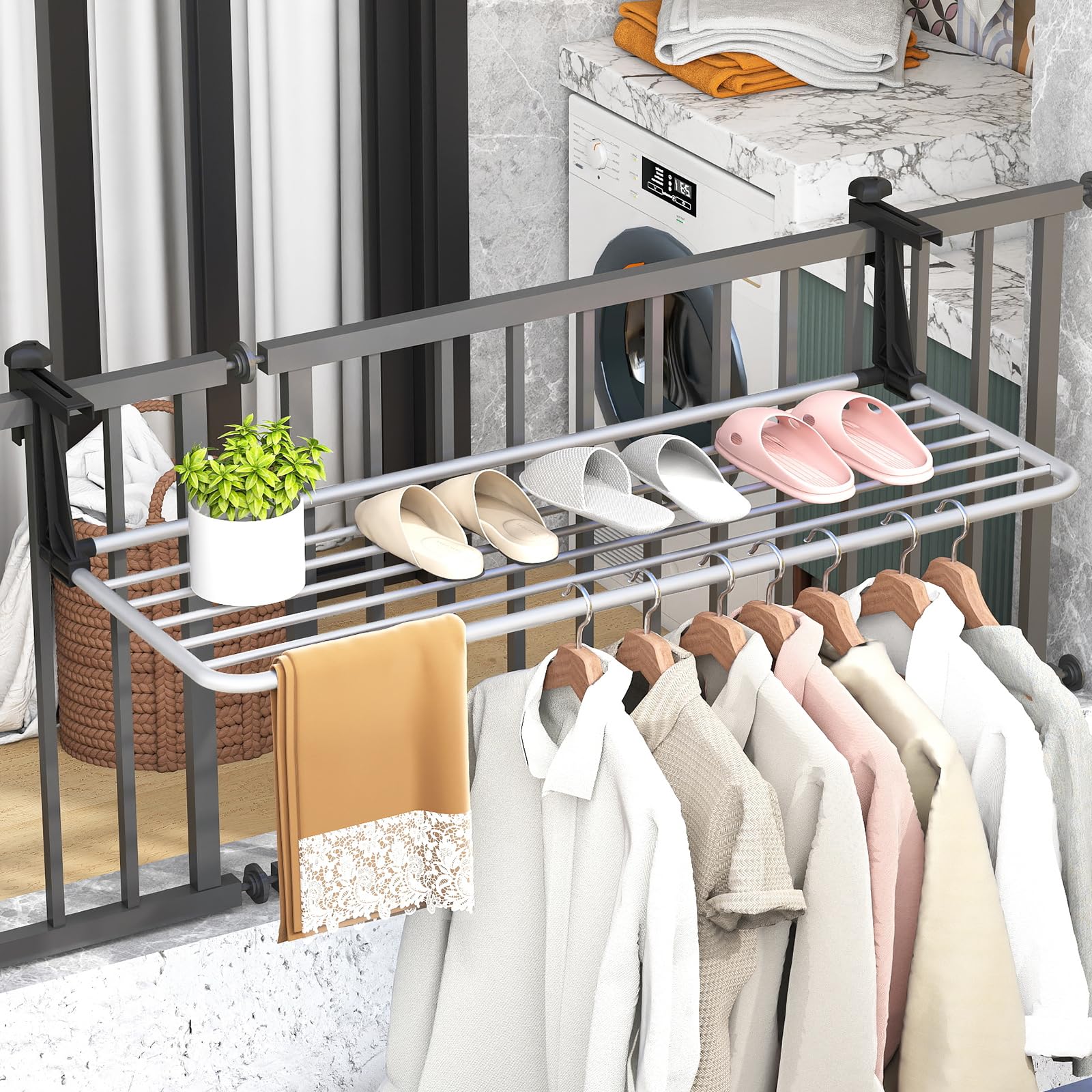 Tangkula Portable Clothes Drying Rack | Extendable Radiator Clothes Airer with Robust Aluminum Frame for Balcony Railings Windowsill