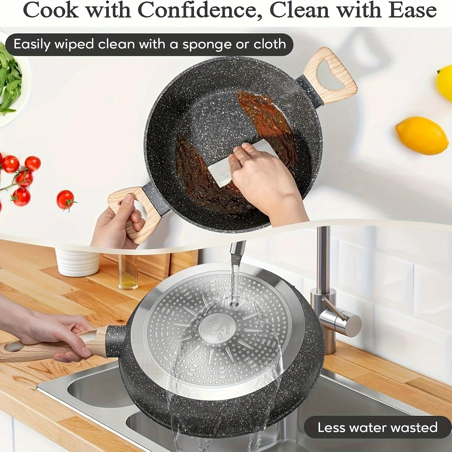 Non - Stick 12 POTS and Pans Set, Cookware Set, Including Frying Pan, Steamer, Silicone Spatula and Tongs - Granite Cooking Set (Black)