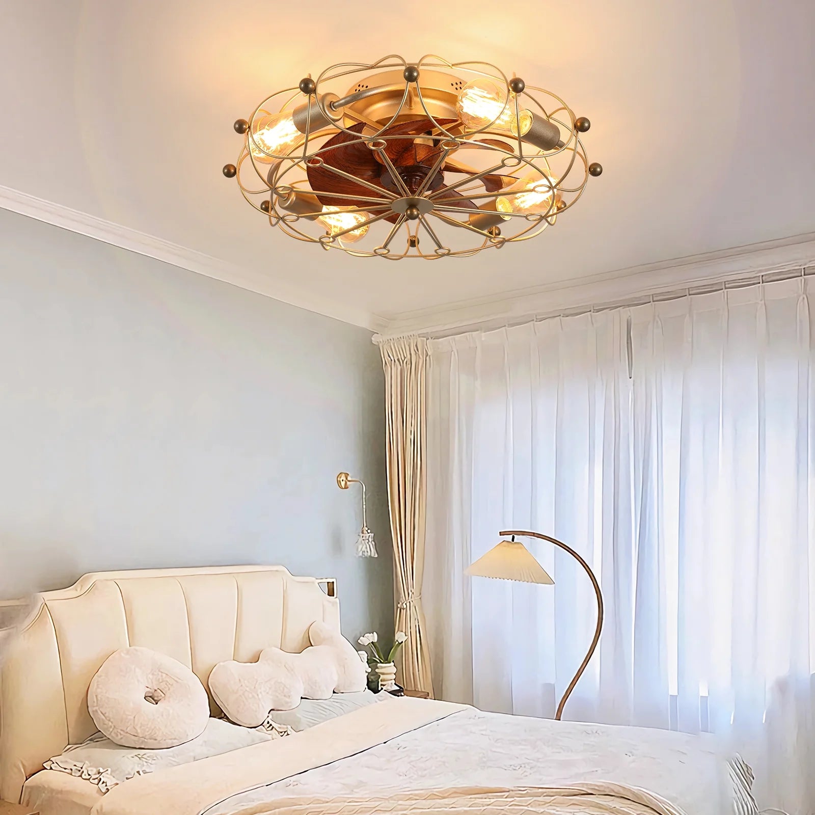 Industrial Cage Ceiling Fan - Low - Profile 7 - Blade Fan with Remote & Light - Modern Rustic Cooling for Small Spaces