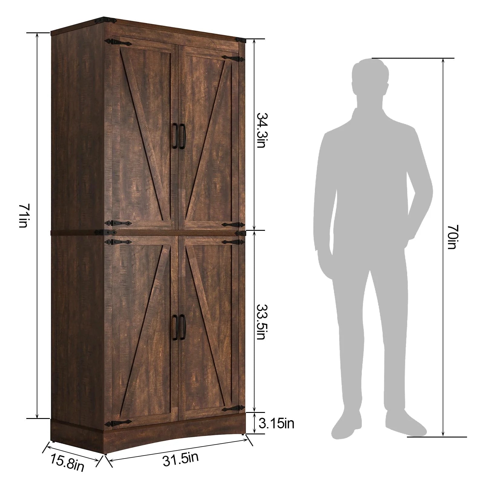 71" Tall Farmhouse Kitchen Pantry Cabinet, 5 Layers Storage Cabinet with Adjustable Shelves, Farmhouse Pantry Cabinet with 4 Barn Doors